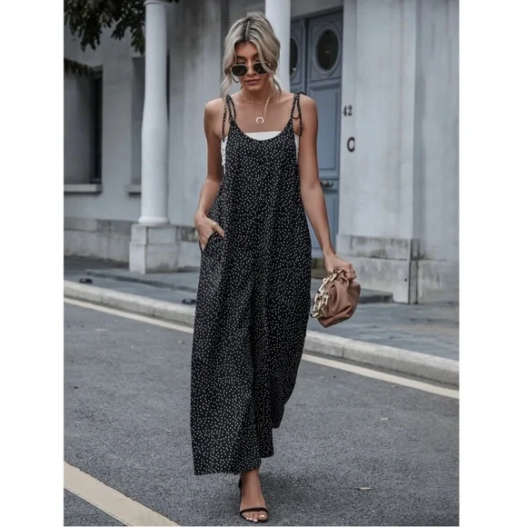 Tie Shoulder Polka Dot Black Wide Loose Fitting Jumpsuit - Picture 6 of 9